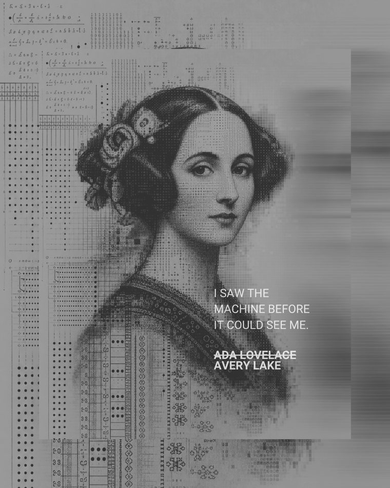 Ada Lovelace rendered in code in The Alphabet That Answers by Avery Lake