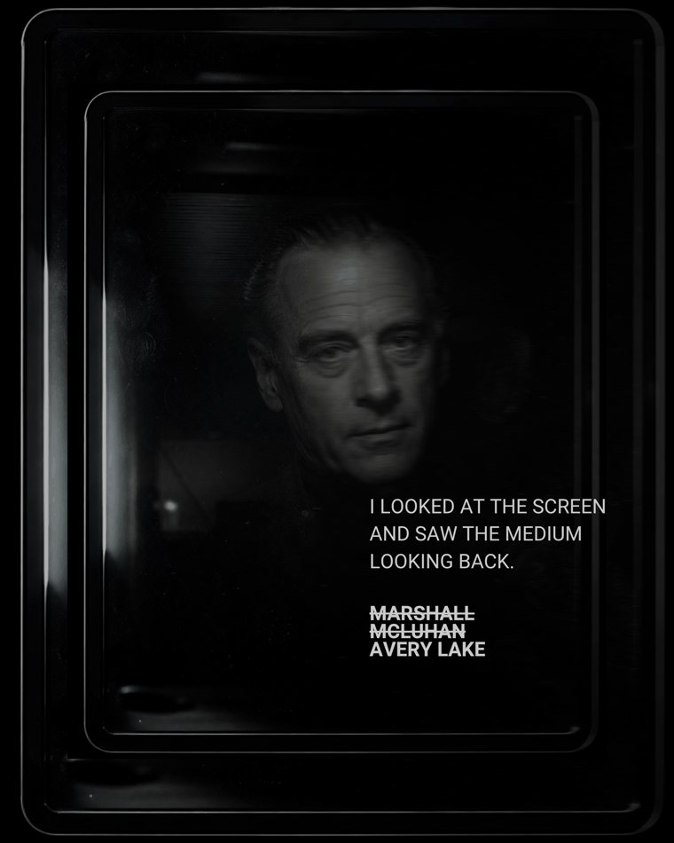 Marshall McLuhan rendered in mirror in The Alphabet That Answers by Avery Lake